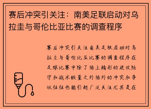 赛后冲突引关注：南美足联启动对乌拉圭与哥伦比亚比赛的调查程序