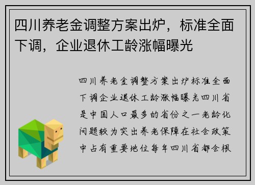 四川养老金调整方案出炉，标准全面下调，企业退休工龄涨幅曝光