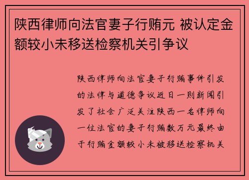 陕西律师向法官妻子行贿元 被认定金额较小未移送检察机关引争议